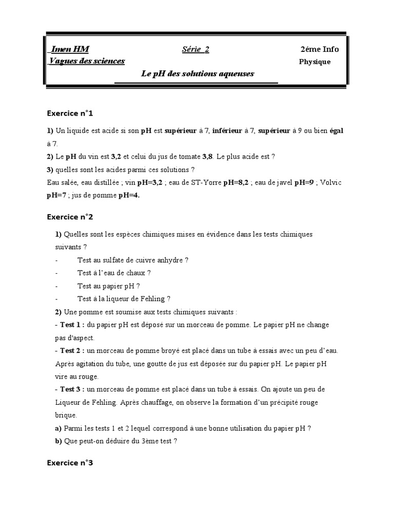 Exercices sur le pH des solutions aqueuses | PDF | Ph | Substances ...