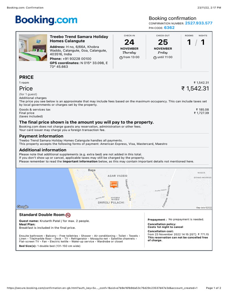 Booking Confirmation for Treebo Trend Calangute | PDF | Payments | Fee