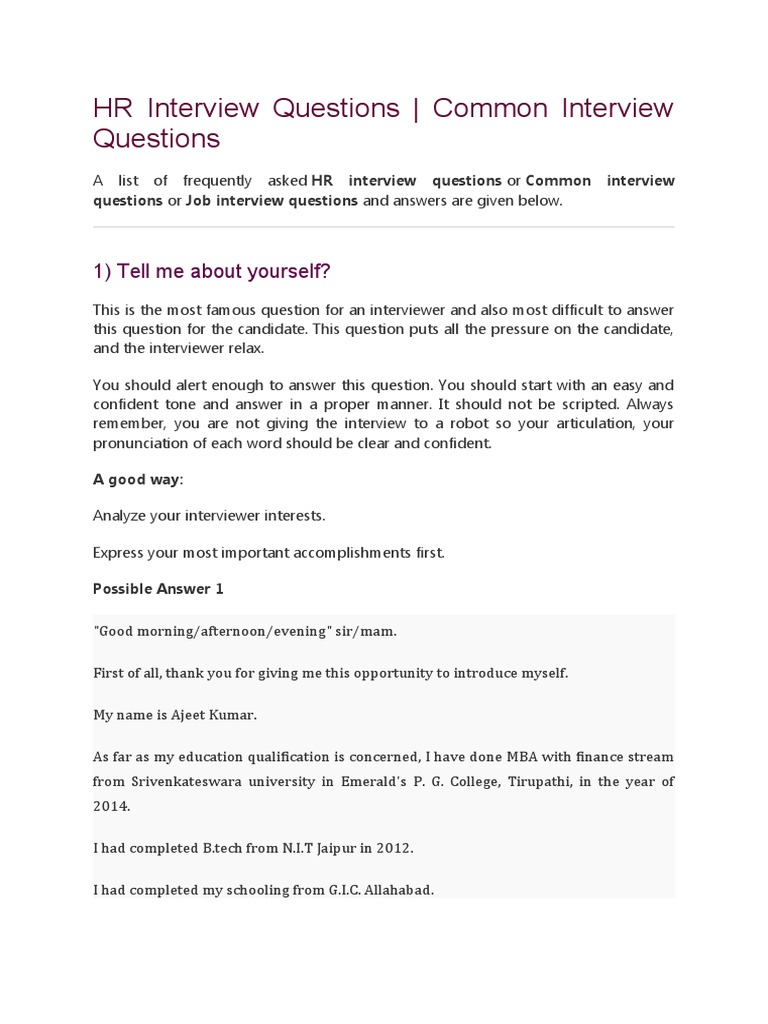 HR Interview Questions | Download Free PDF | Cost Of Living | Cognition