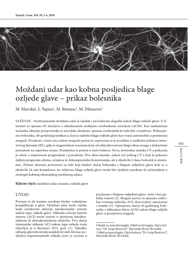 Mozdani Udar Kao Kobna Posledica Blage Ozljede Glave Prikaz Bolesnika