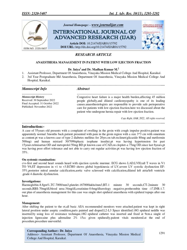 ANAESTHESIA MANAGEMENT IN PATIENT WITH LOW EJECTION FRACTION PDF