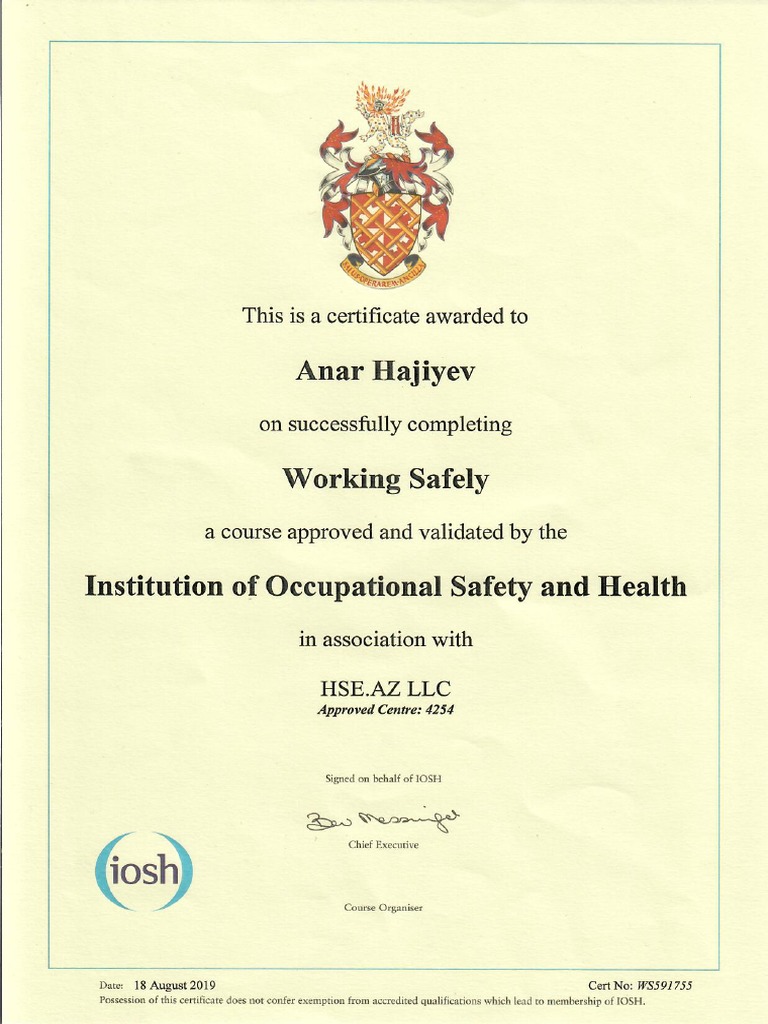 Working IOSH Training Sertificate | PDF