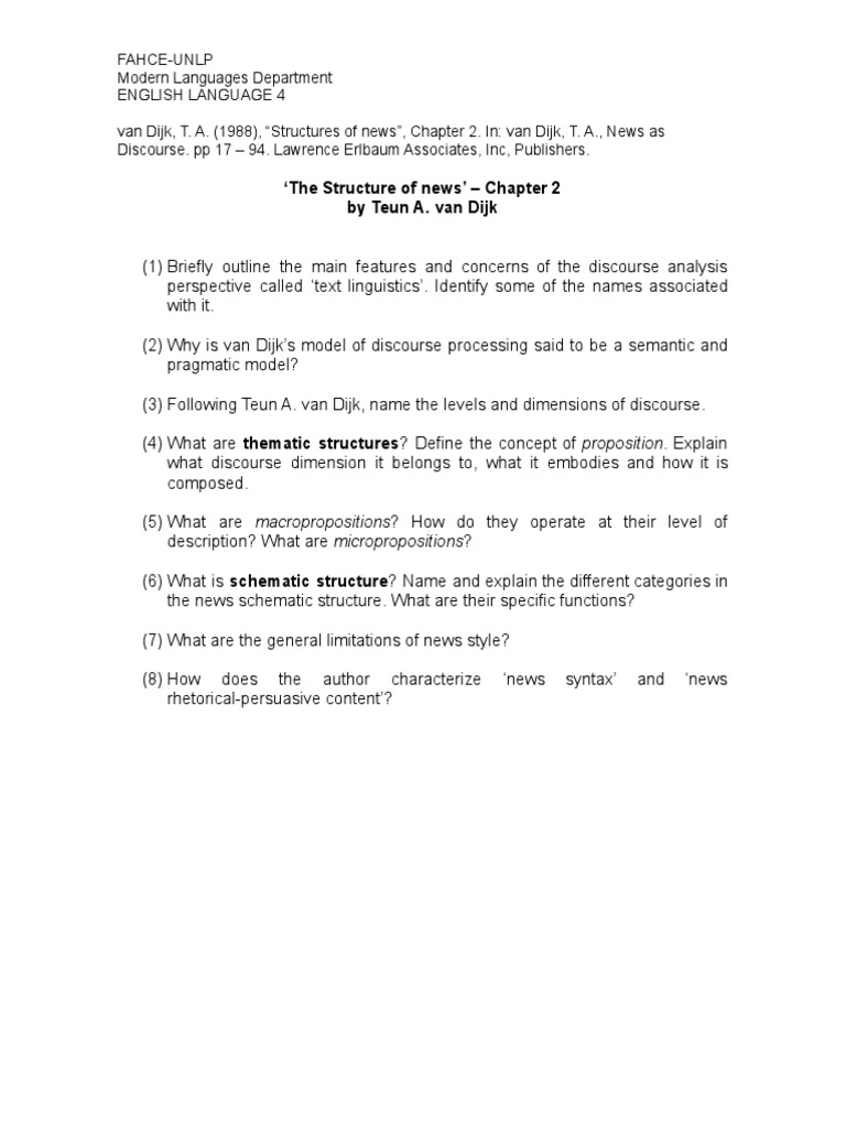 Guide Van Dijk (1989) The Structure of News. Reading Guide | PDF