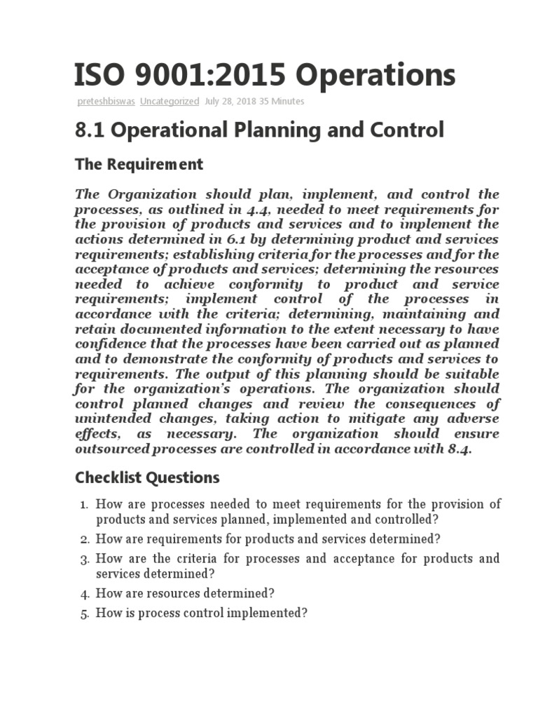 8.1 Operational Planning and Control | PDF | Verification And