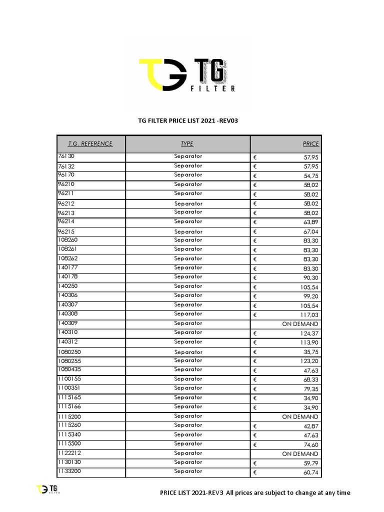 !092021 TG Filter Price List 2021Rev2 PDF