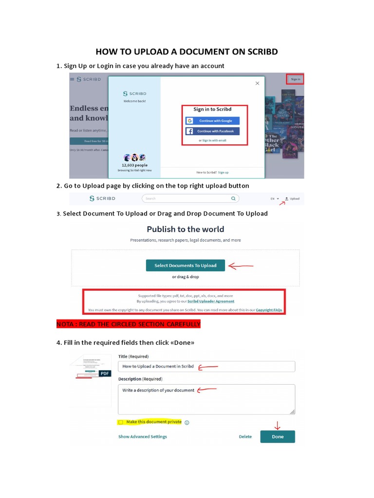 How to upload a document in scribd pdf