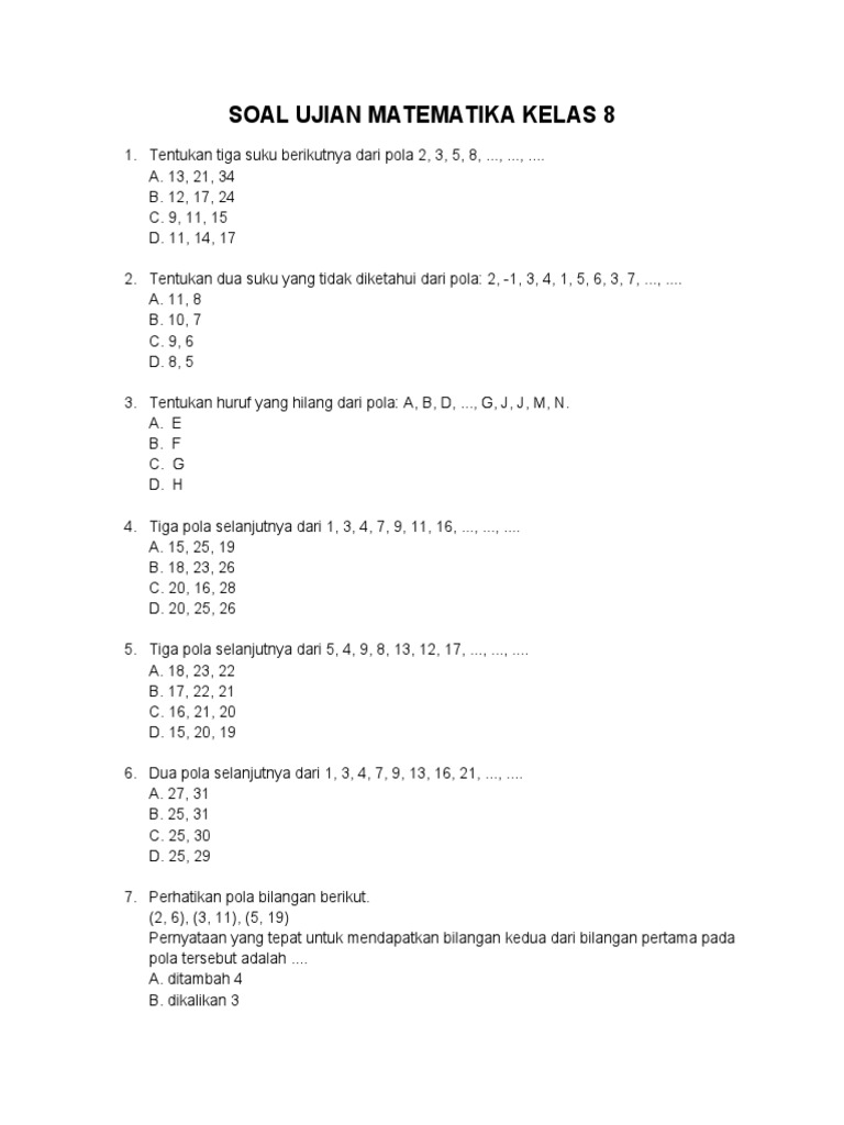 Soal Tes Matematika Dasar Kelas 8 Pdf