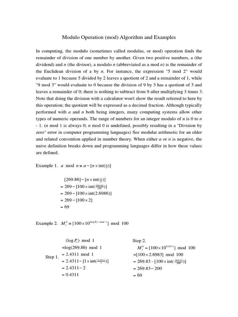 Modulo Operation (Mod) Algorithm and Examples | PDF
