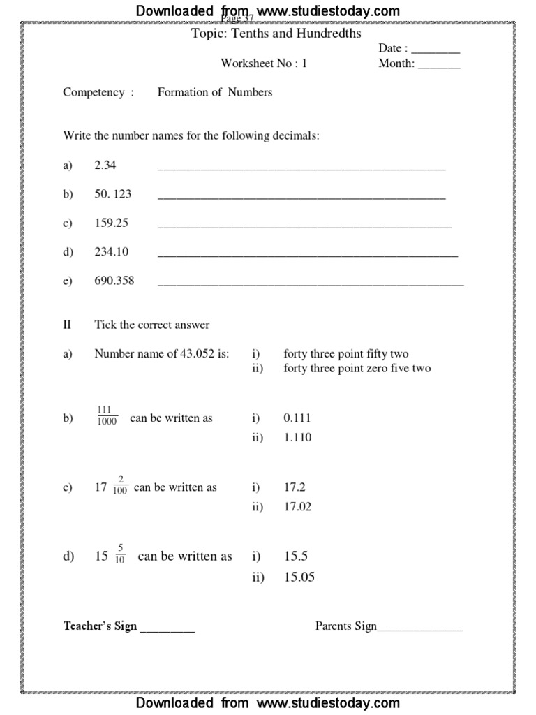 CBSE Class 5 Maths Worksheet Tenths and Hundredths PDF