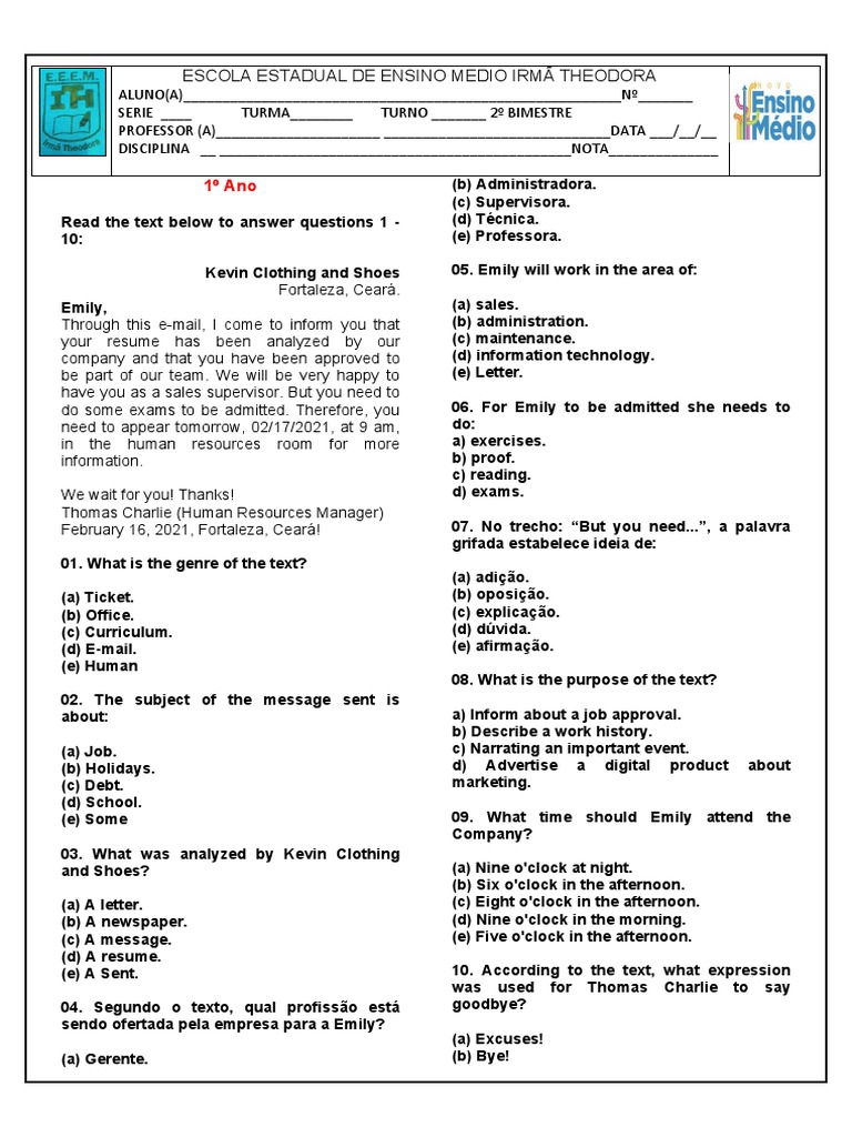 Avaliação 1 Ano Ingles 2 Bimestre | PDF | Mass Media | Communication