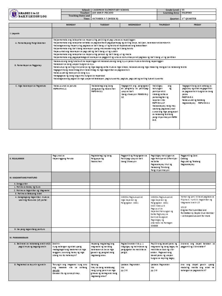 Dll Filipino 6 Q1 W8 Pdf