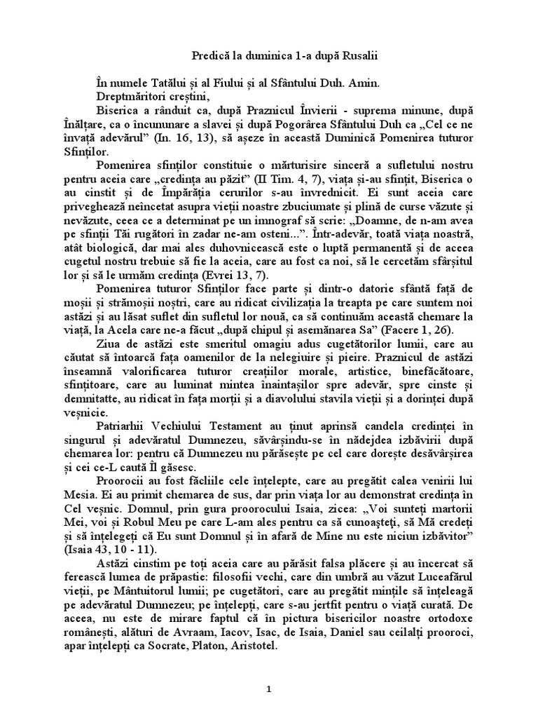2020 - Predica La Duminica 1-A Dupa Rusalii | PDF