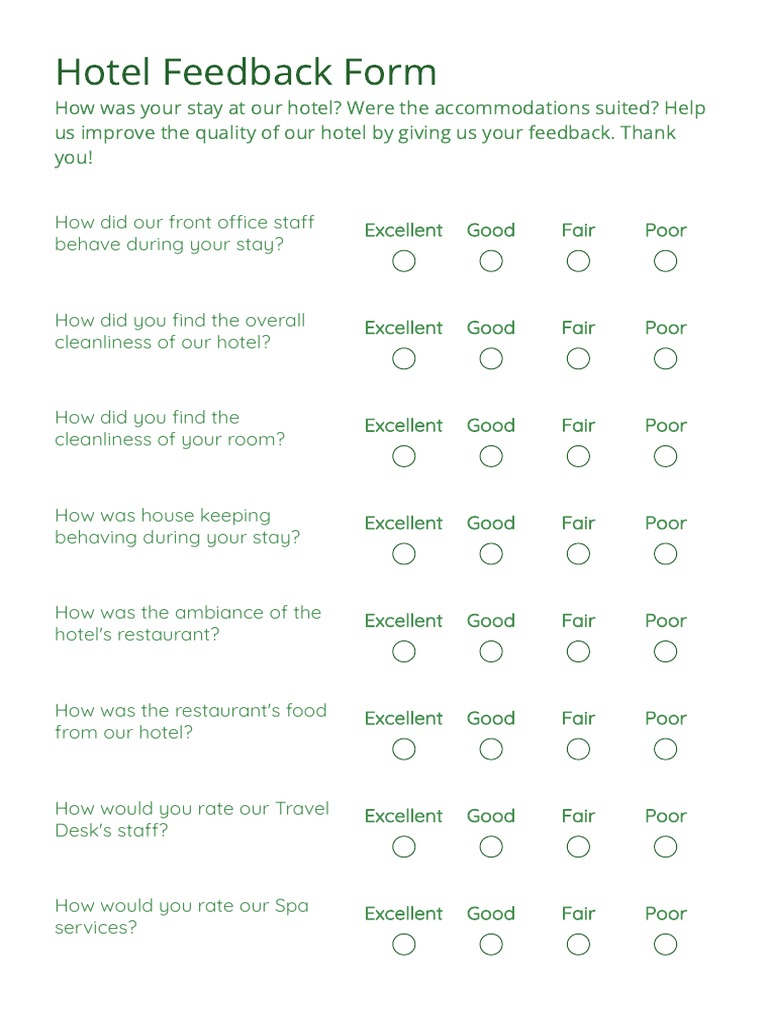Motel - Hotel Feedback Form Template - 123 Form Builder | PDF