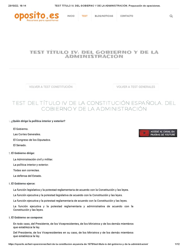 Test sobre el Título IV de la Constitución | PDF | Gobierno de españa ...