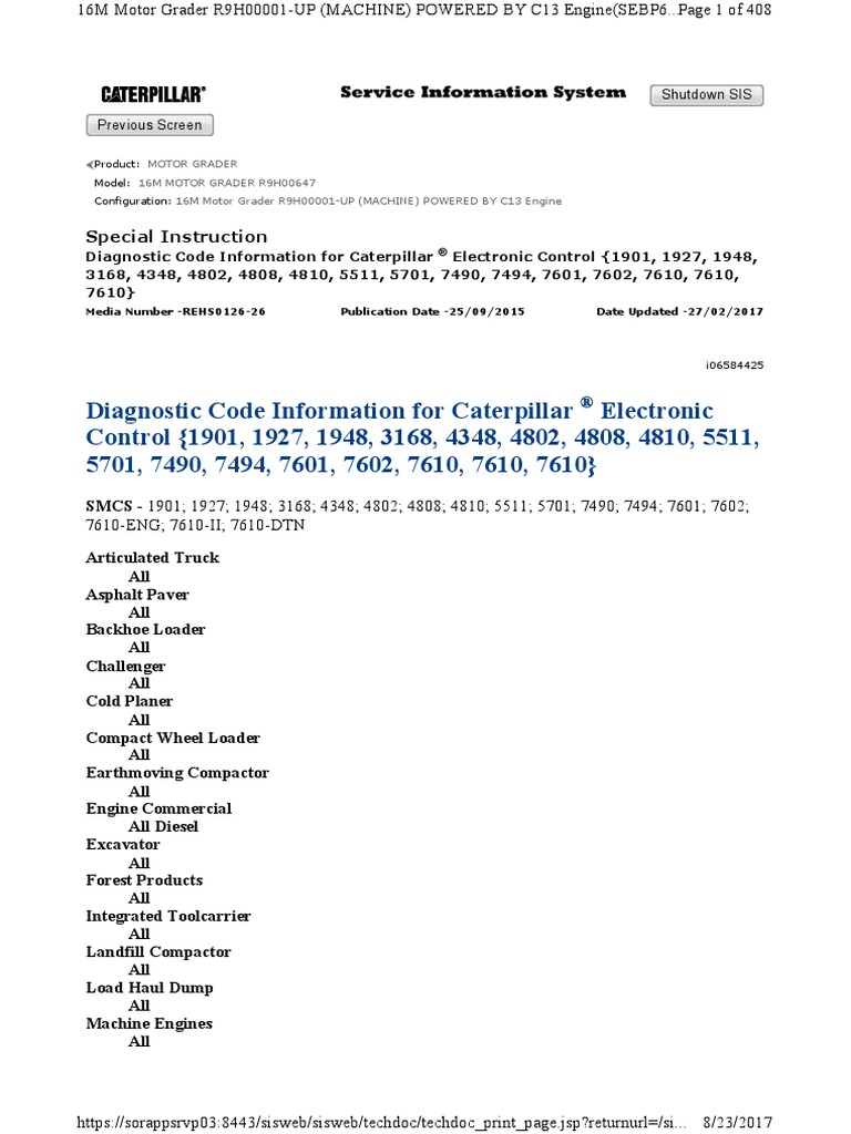 Diagnostic Code Information For Caterpillar ® Electronic Control PDF