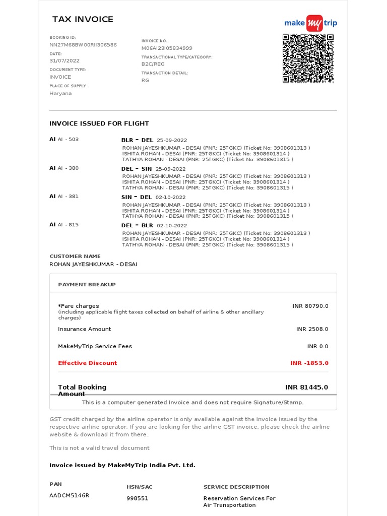 Air India Invoice for Flight AI-503 | PDF | Invoice | Service Industries