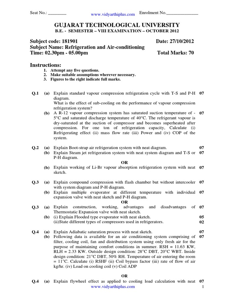 Refrigeration and AirConditioning 2013 Question Paper Type Version