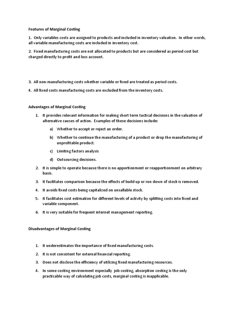 Key Features of Marginal Costing | PDF | Cost | Cost Of Goods Sold