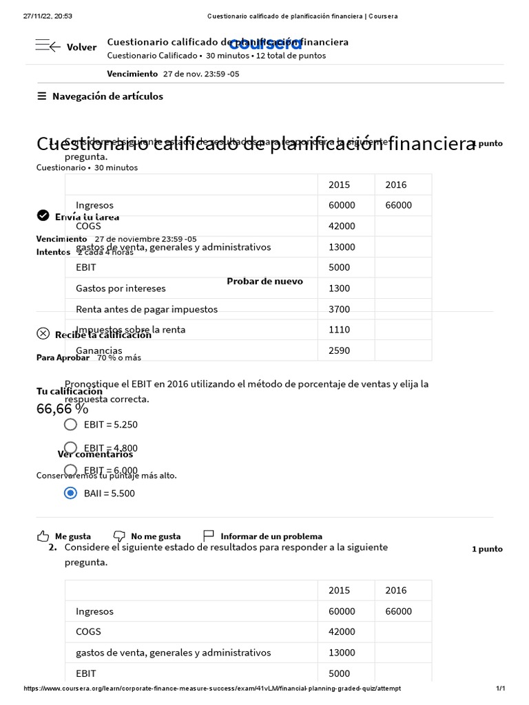 Cuestionario Calificado de Planificación Financiera Coursera PDF