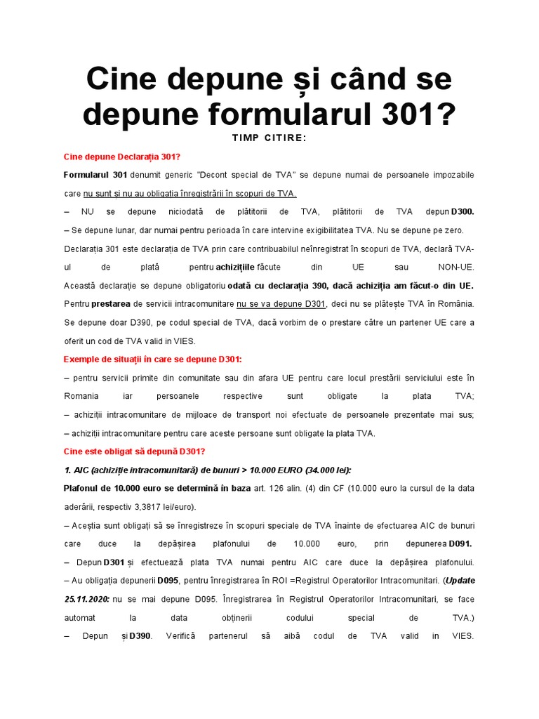 Cine Depune Și Când Se Depune Formularul 301 | PDF
