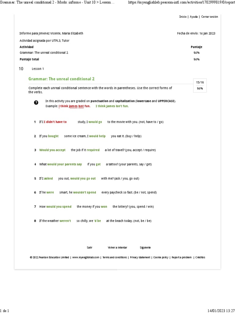 Grammar The Unreal Conditional 2 - Modo Informe - Unit 10 Lesson 1 ...