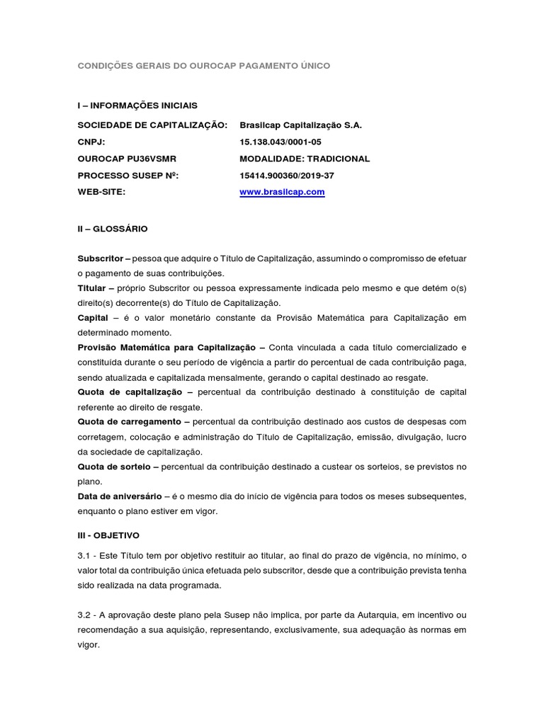 Ourocap Pagamento Único: Condições Gerais Completas | PDF | Juros ...