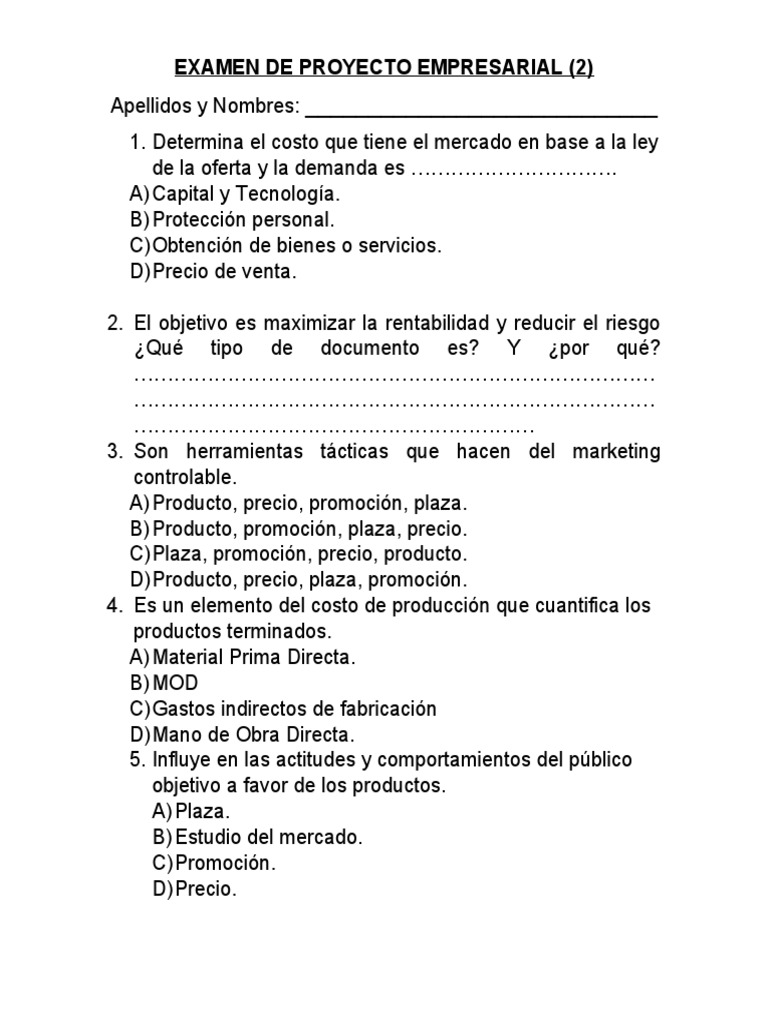 Examen de Proyecto Empresarial | PDF