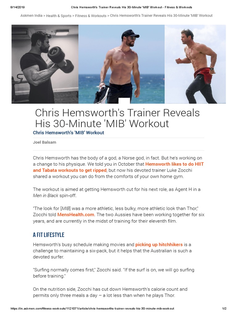 Chris Hemsworth's Trainer Reveals His 30Minute 'MIB' Workout Fitness