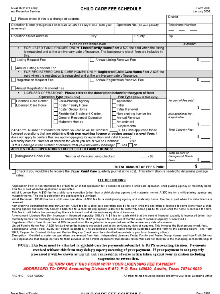 Texas Child Care Fee Schedule Form 2988 | PDF
