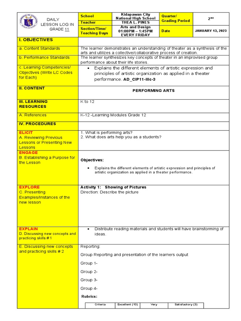 Grade 11 Theater Lesson Plan | PDF | Learning | Teaching Method