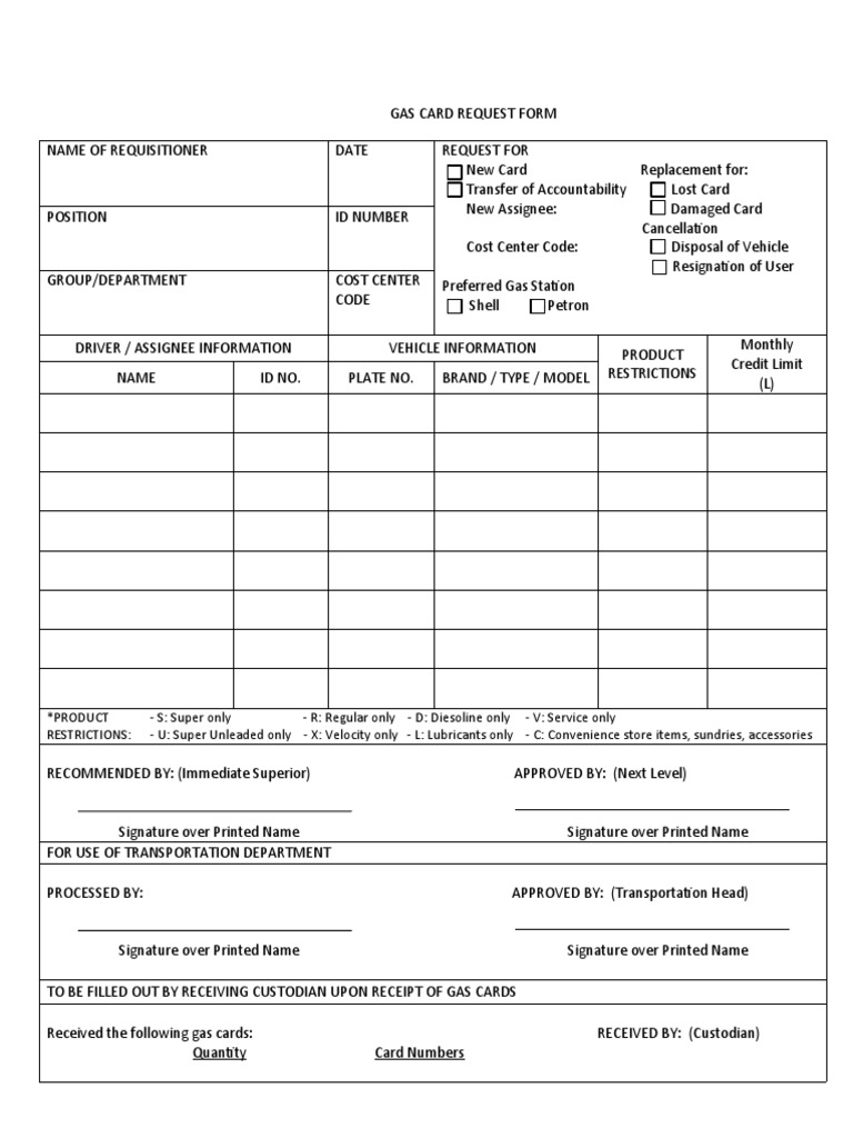 Gas Card Form Request Sample | PDF
