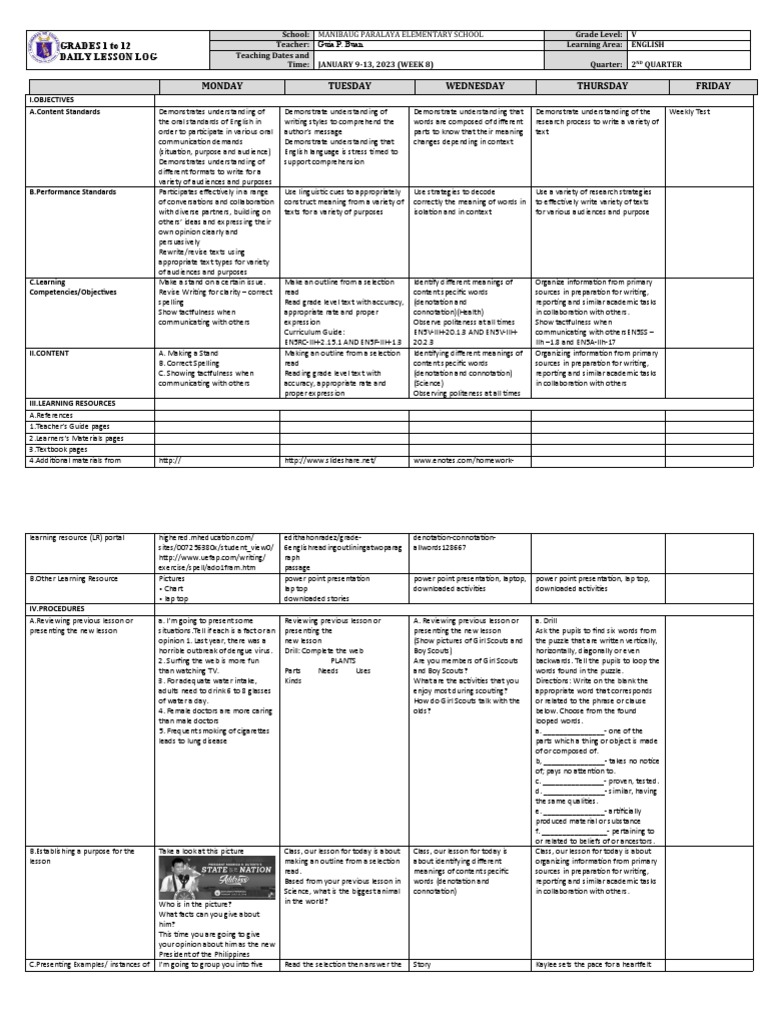 DLL - English 5 - Q2 - W8 | PDF