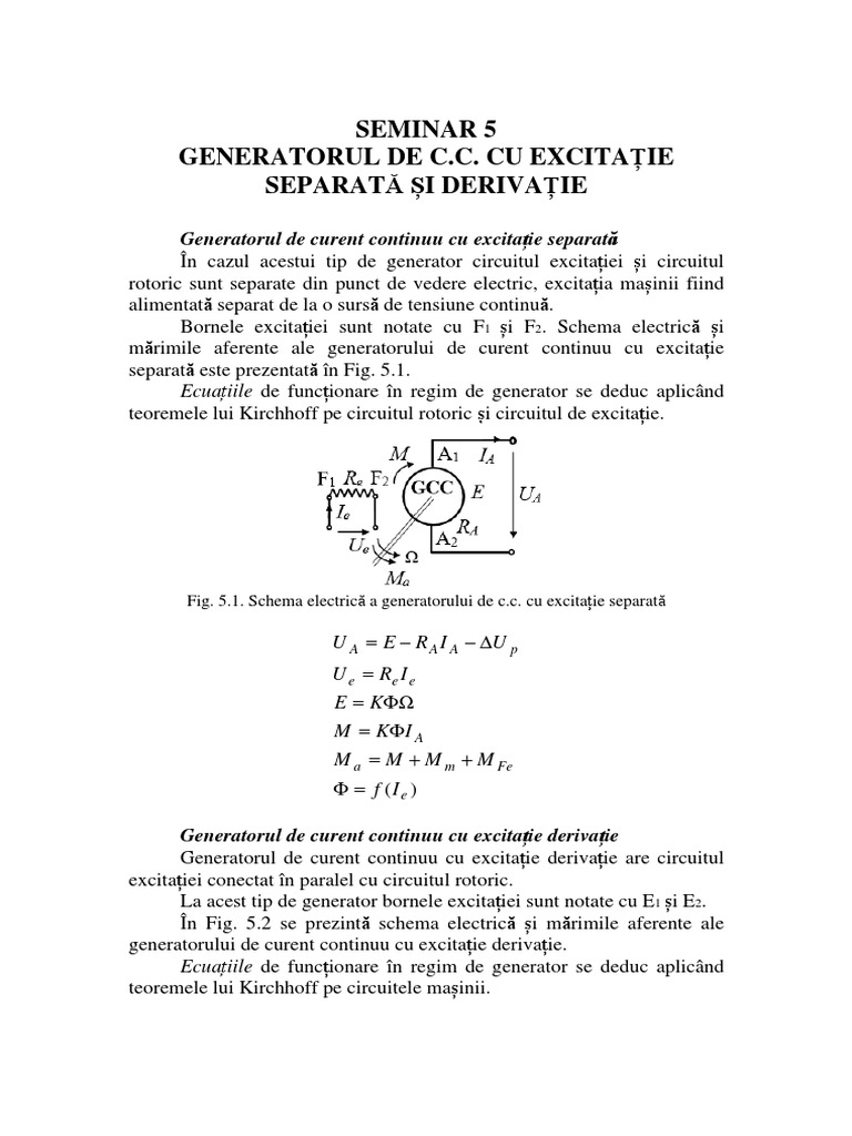 Seminar 5 Aero Generatorul de C.C. Cu Excitatie Separata Si Derivatie | PDF