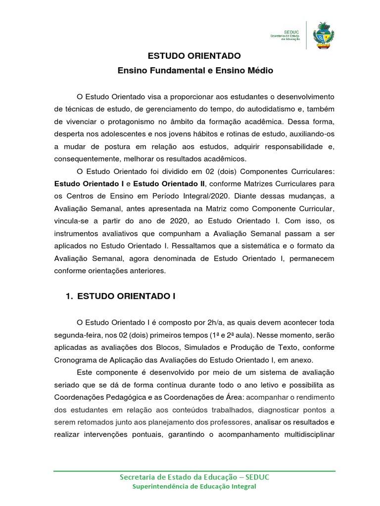 Estudo Orientado I e II - Diretrizes | PDF | Aprendizado | Pedagogia