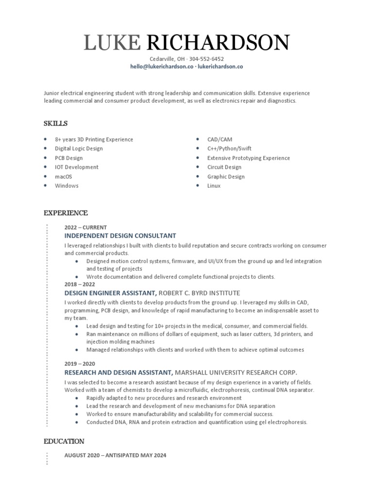 Luke Richardson Resume | PDF | 3 D Printing | Engineering