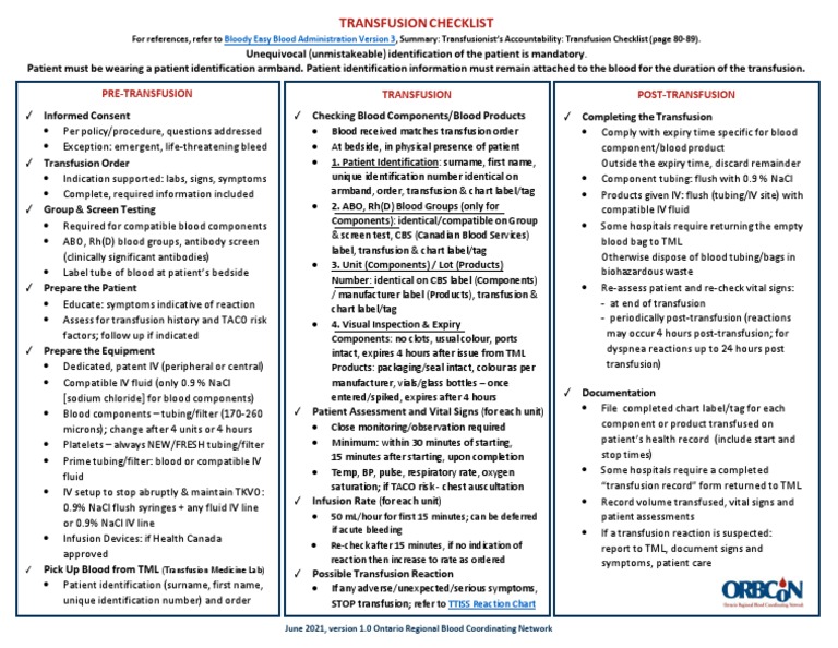 Blood Transfusion Checklist Guide PDF Blood Transfusion Blood Type