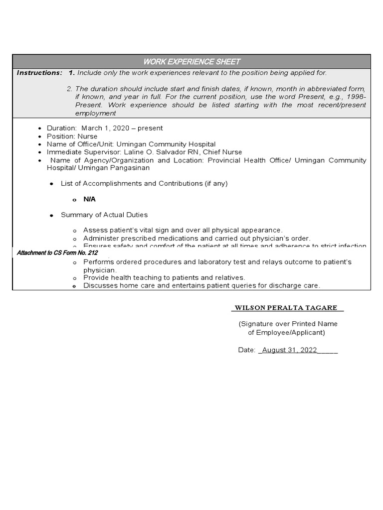 CS Form No. 212 Attachment Work Experience Sheet Docx Wilson PDF