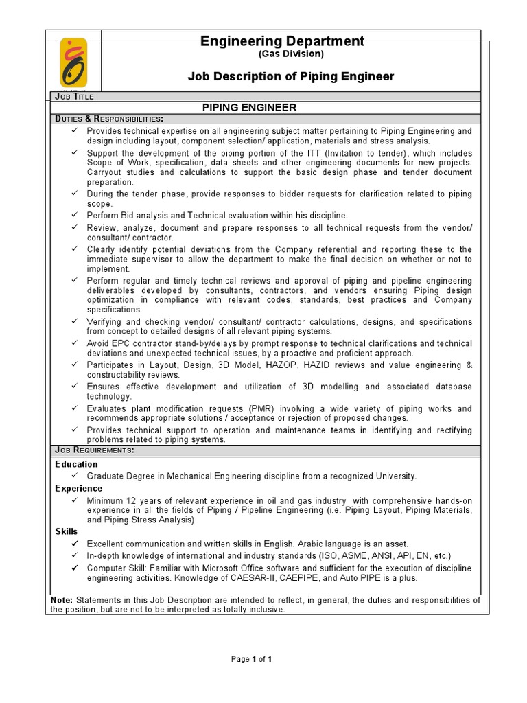 Job DescriptionPiping Engineer PDF Engineering Specification (Technical Standard)