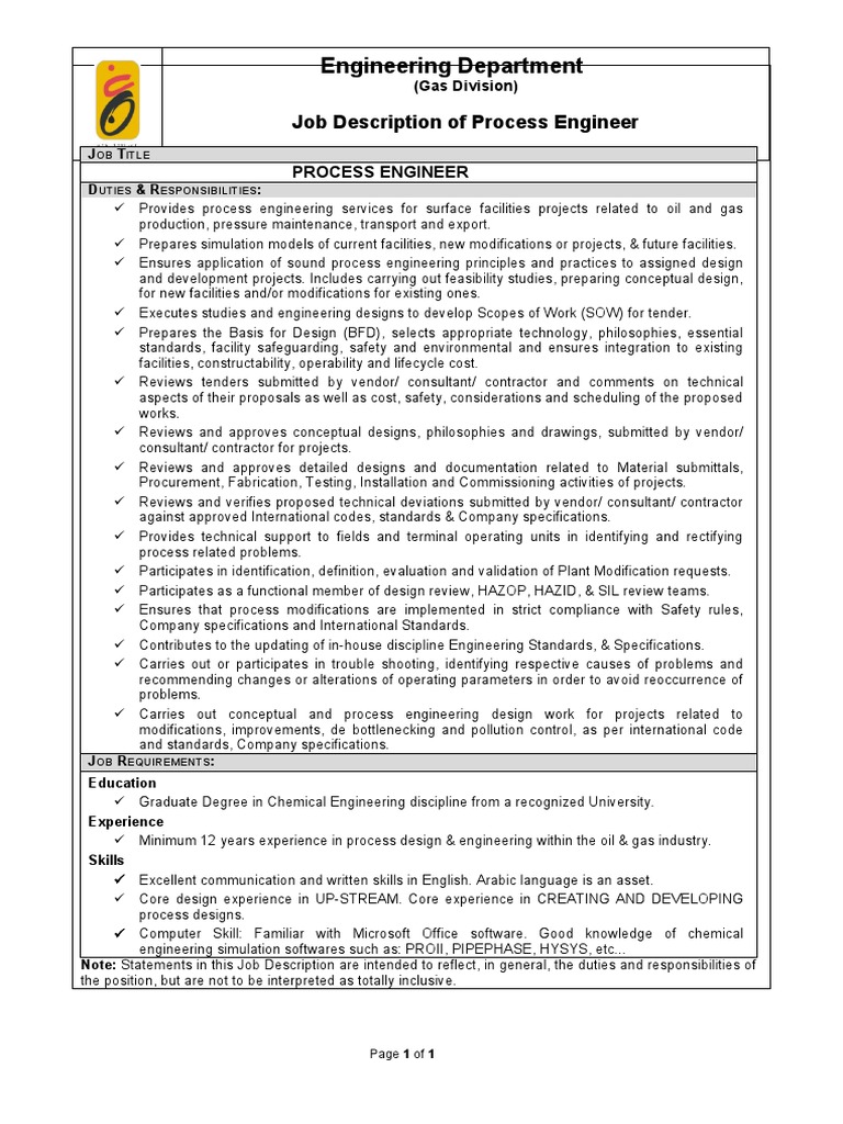 Job DescriptionProcess Engineer PDF Engineering Design