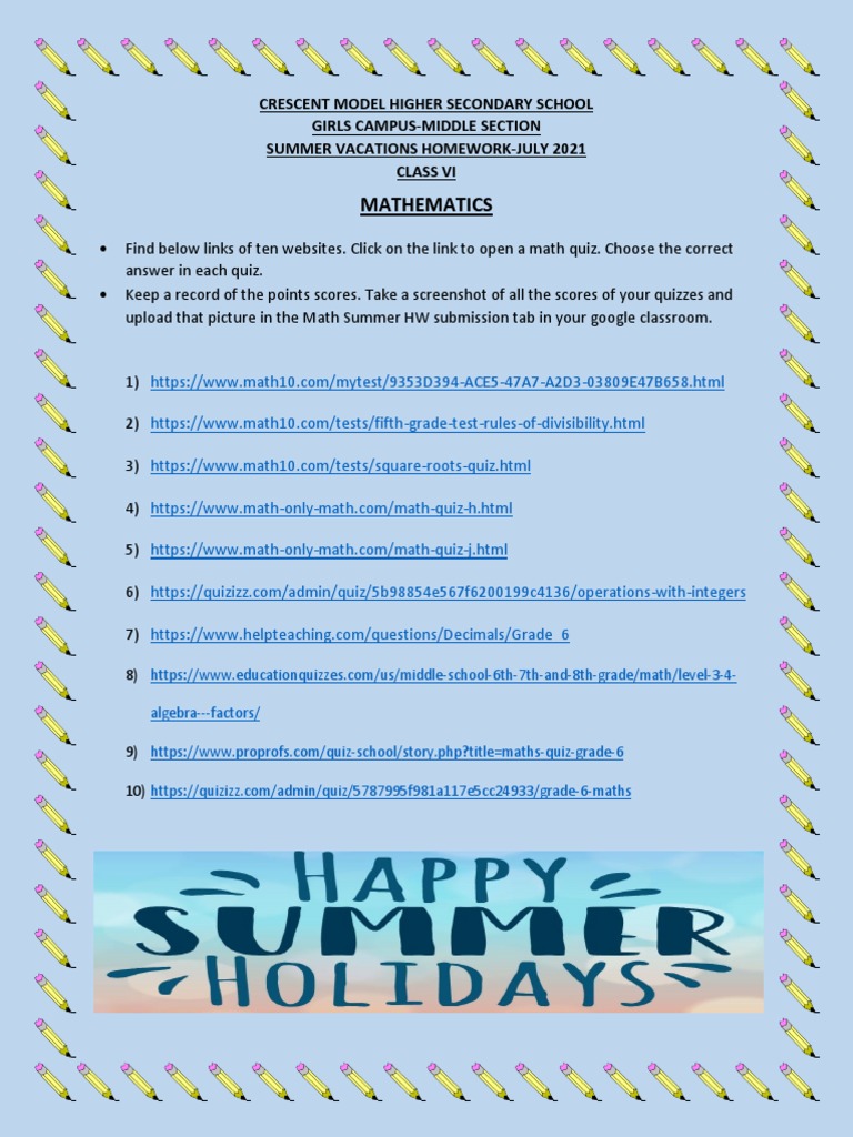 Class 6 Math Summer HW 2021 | PDF