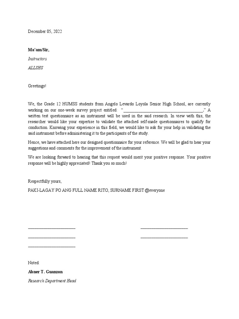 Request letter for tool validation pdf questionnaire