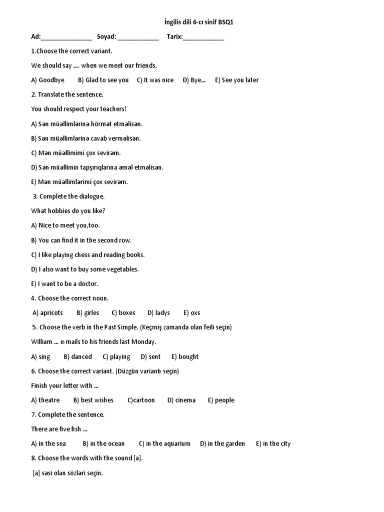 6 Ci Sinif Bsq 1 Pdf Languages Foreign Language Studies