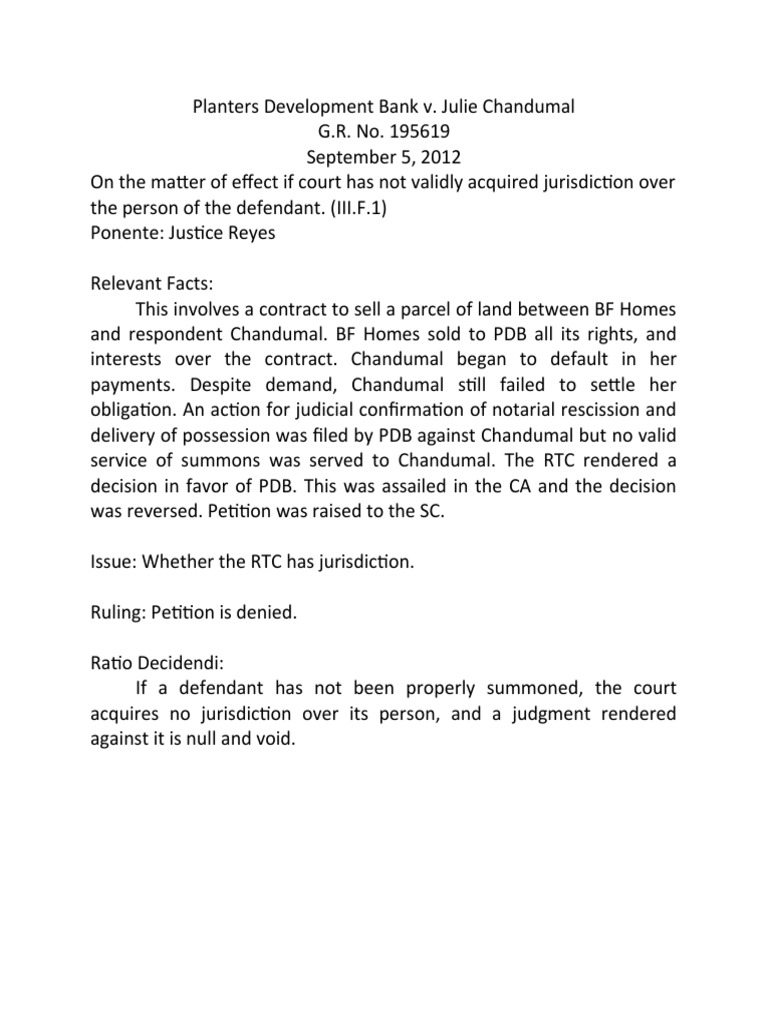 F Planters Development Bank v. Julie Chandumal Digest PDF