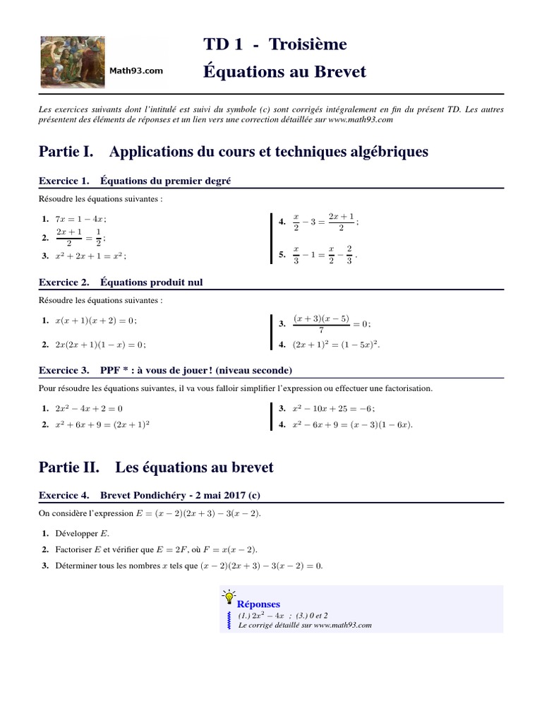 Exercices d'Équations pour le Brevet | PDF