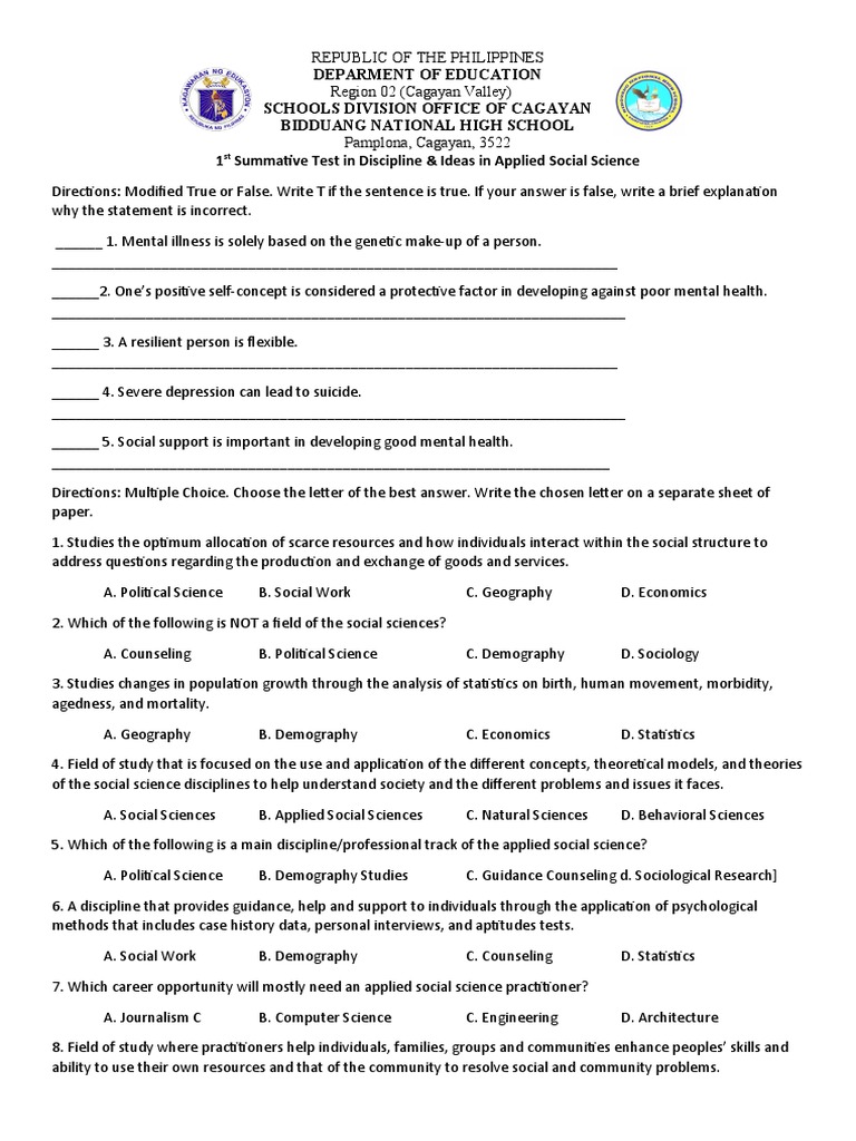 1st Summative Test in Applied Social Science | PDF