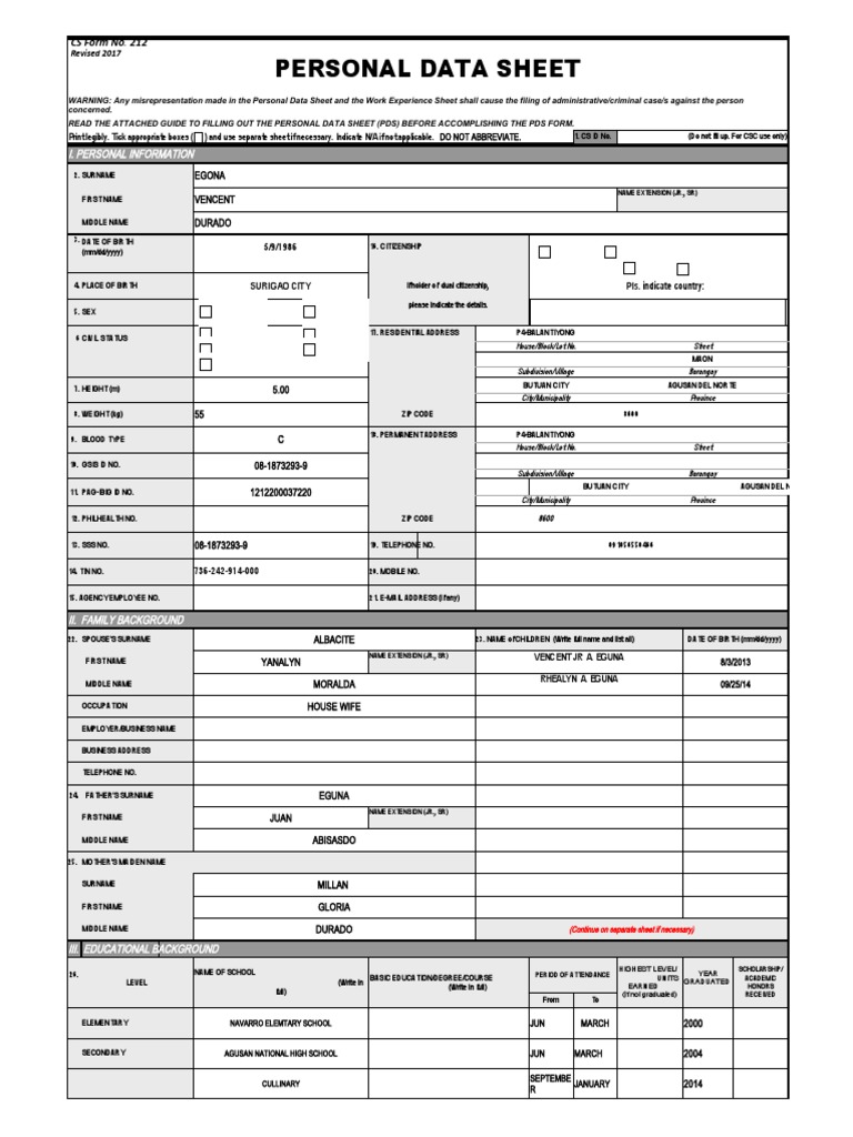 CS Form No. 212 Personal Data Sheet Revised PDF