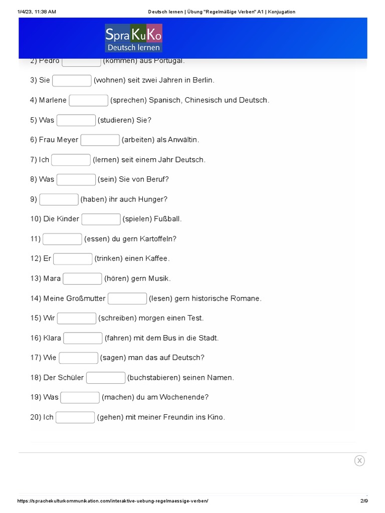 Deutsch Lernen - Übung - Regelmäßige Verben - A1 - Konjugation | PDF