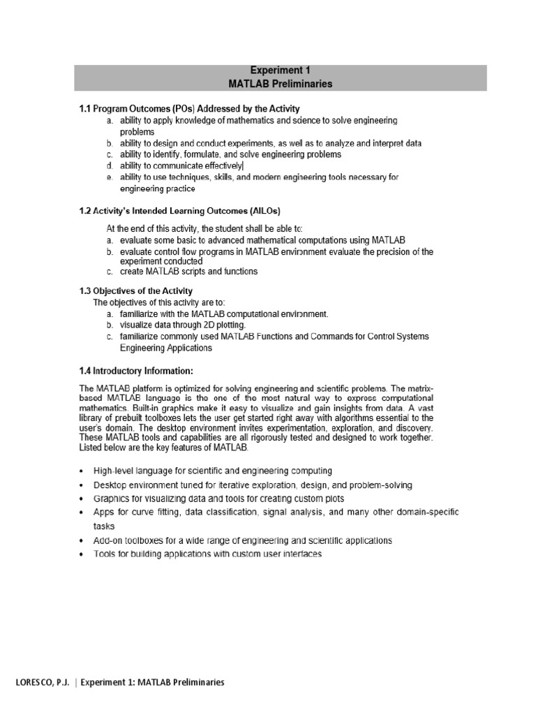 MATLAB Preliminaries Experiment Guide | PDF | Language Arts & Discipline