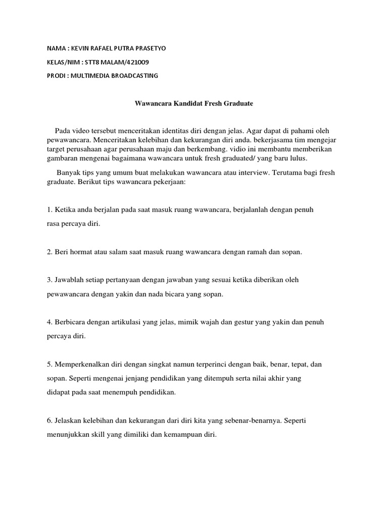 Tips Wawancara untuk Fresh Graduate | PDF