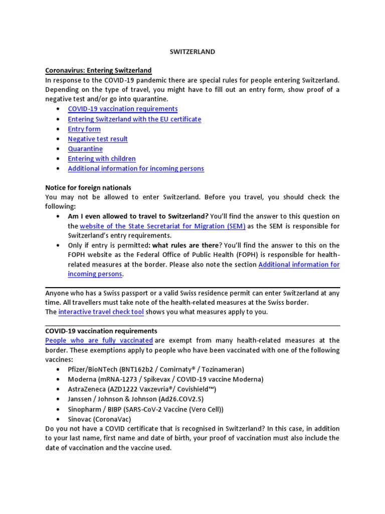 COVID19 Entry Requirements and Procedures for Traveling to Switzerland